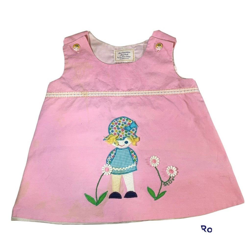 Vintage Baby Girl Doll & Daisies Dress Handmade Jumper Pink Overall PLEASE READ